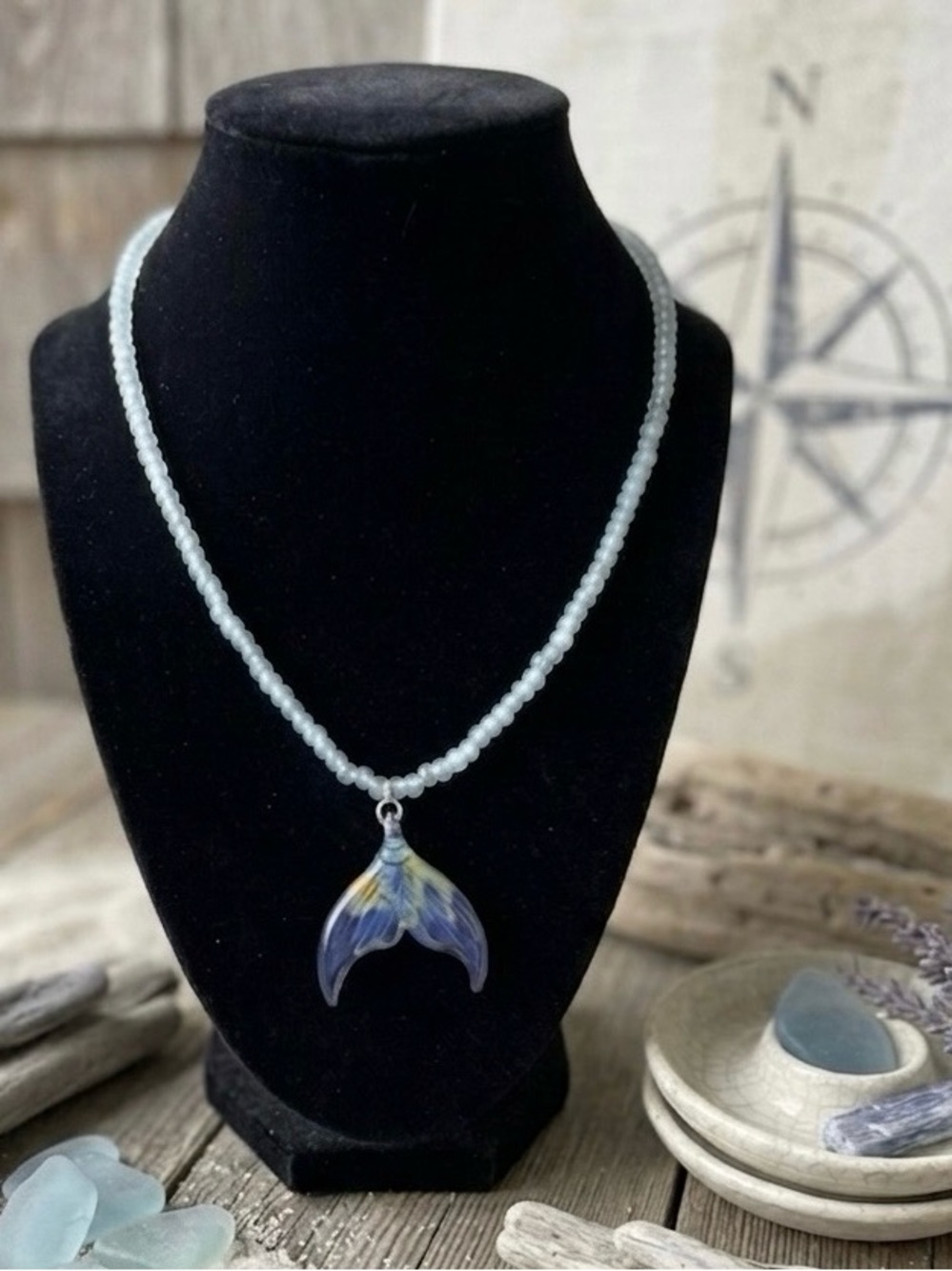 Handcrafted Aquamarine Mermaid Tail glass Pendant Necklace -